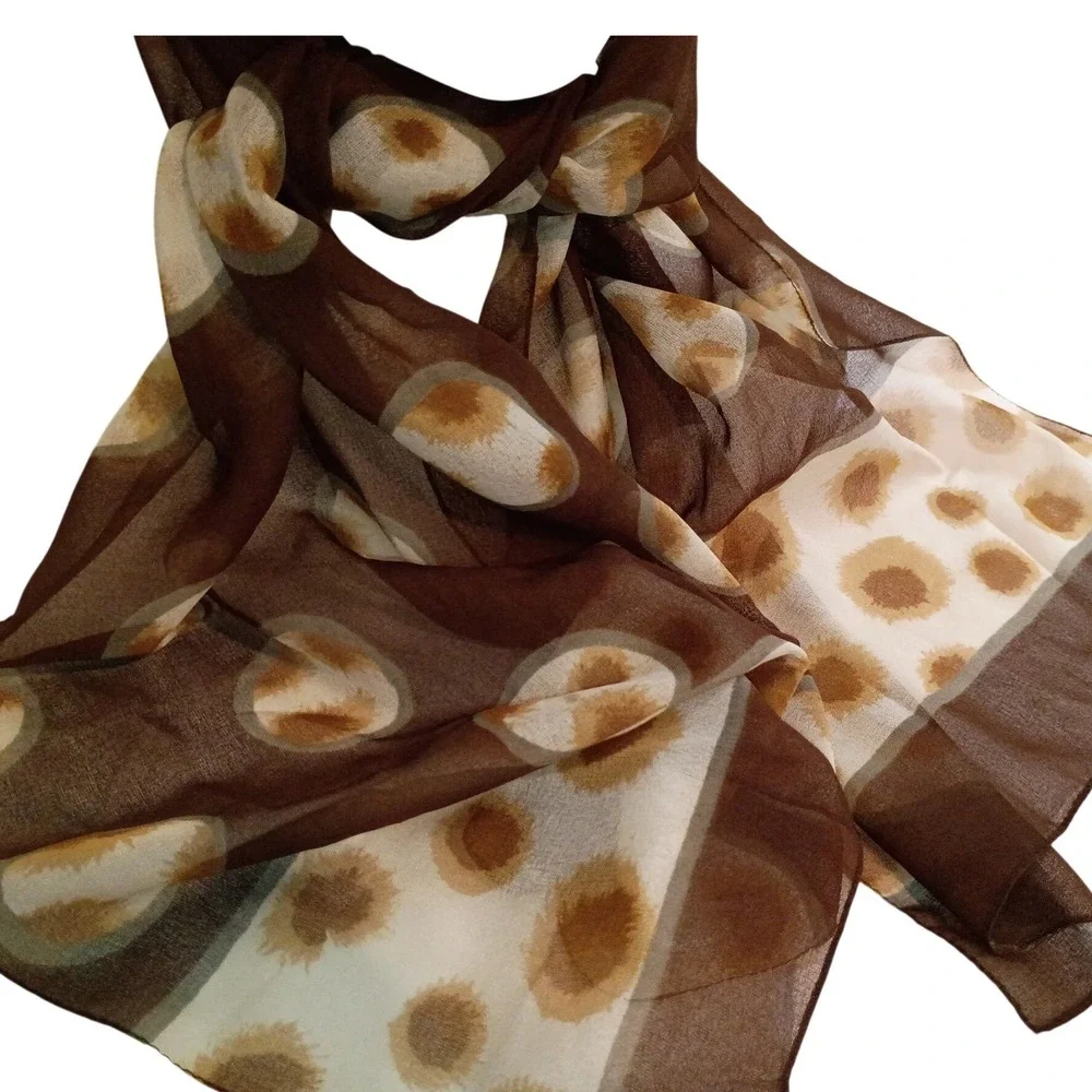 Amelia Jane Silk Chiffon Scarf Brown Ivory Polka‎ Dot Sheer Signed Women's